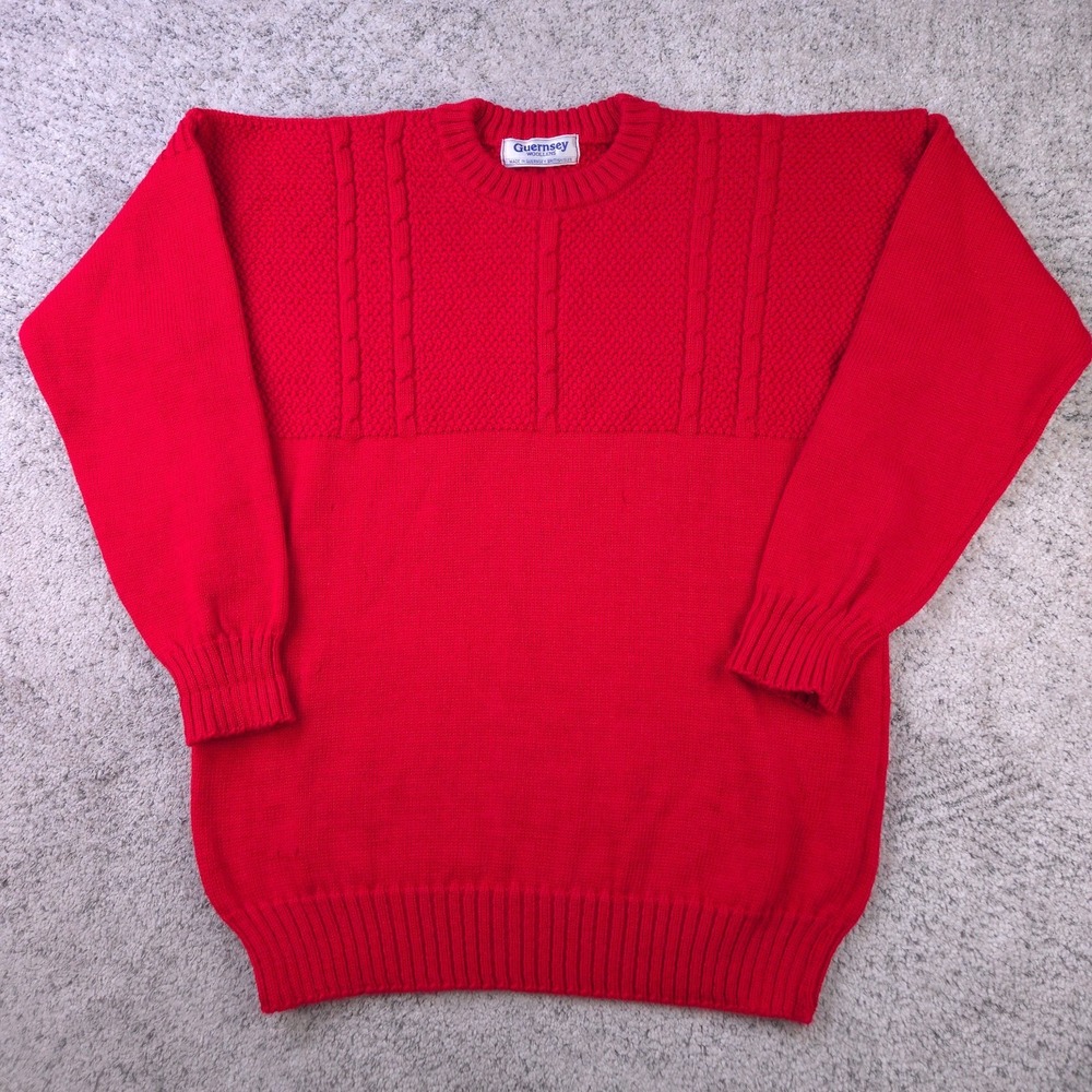 Guernsey Woollens Sweater Mens 44 XL Wool Fisherman Pullover Cable Knit Red